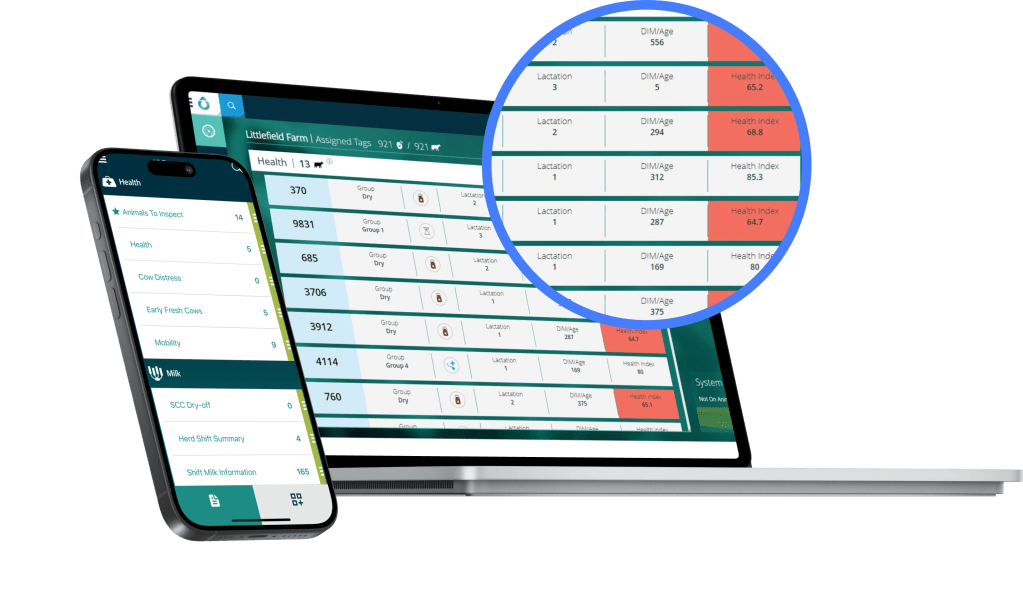 SenseHub Dairy data shown on screen of phone and laptop